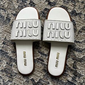 Miu Miu White Rafia Logo Slide Sandals